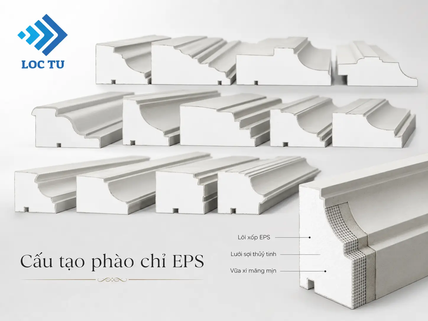 Phào chỉ EPS mặt tiền cổ điển với đường nét tinh xảo và cân đối