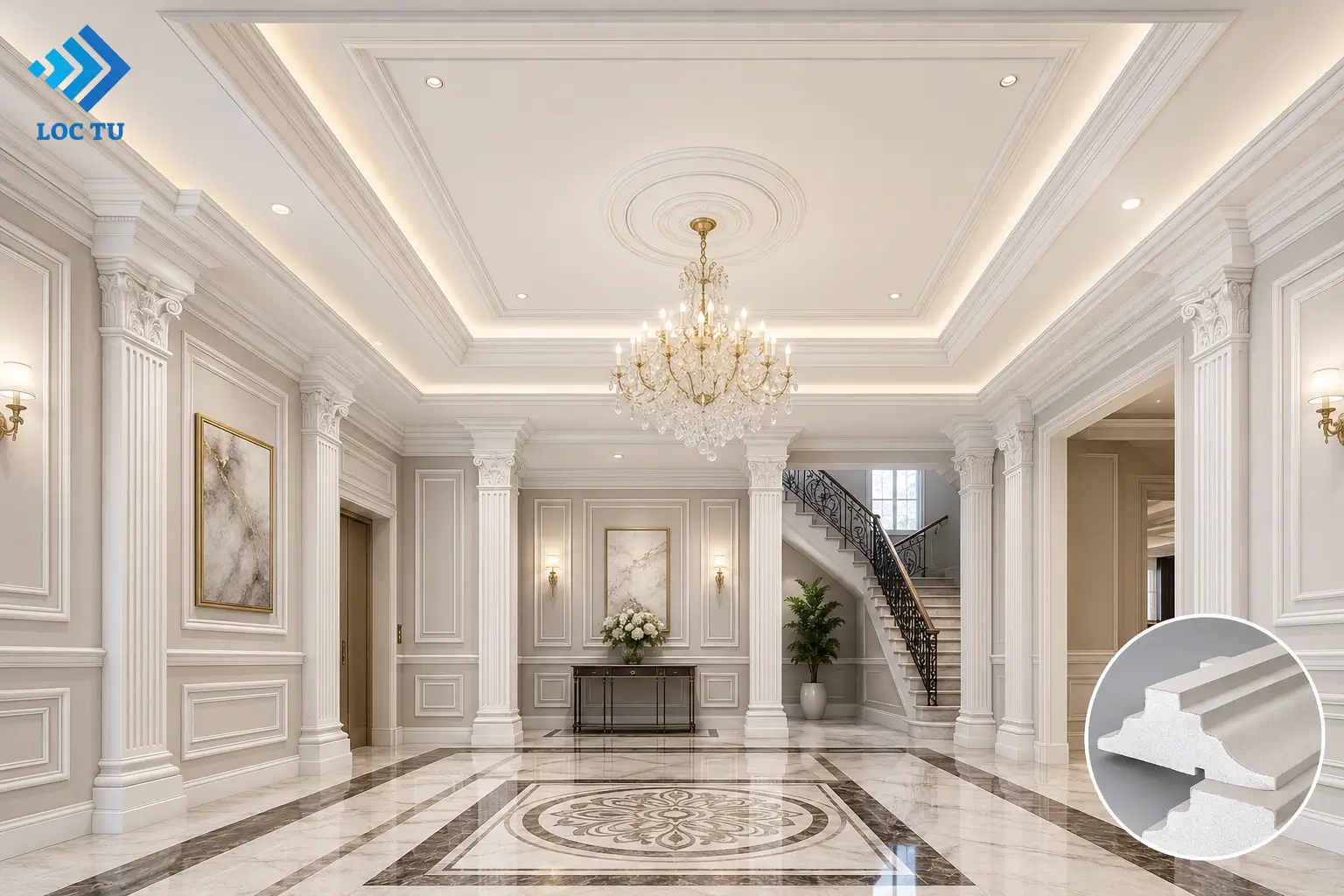 Phào chỉ EPS trang trí sảnh giúp không gian trở nên nổi bật hơn