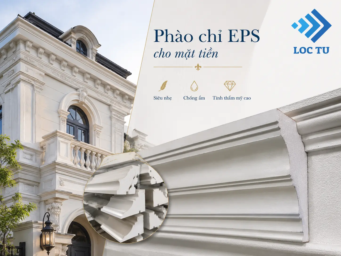 Phào chỉ EPS mặt tiền cổ điển với đường nét tinh xảo và cân đối