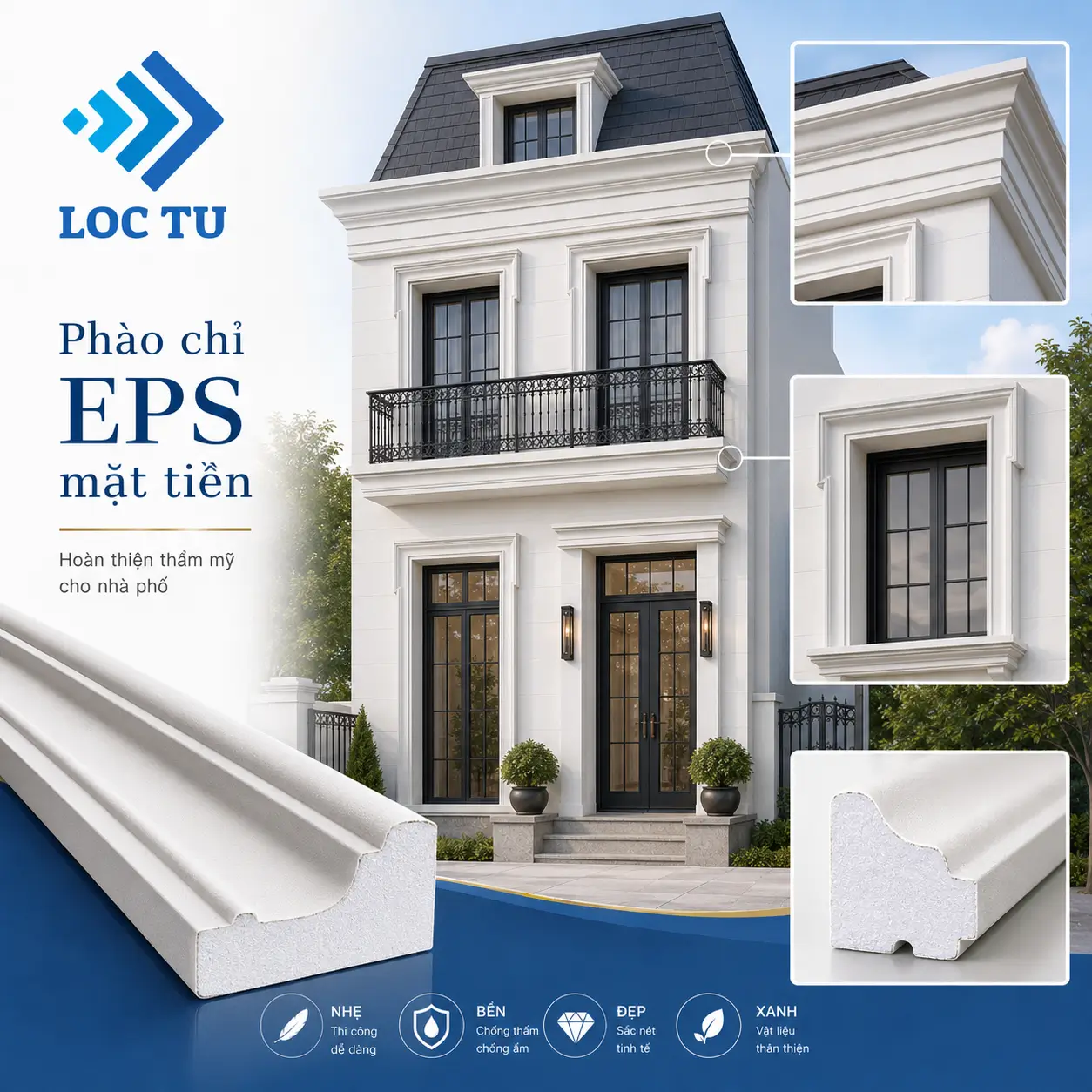 Điểm nhấn kiến trúc được tạo nên từ những mảng phào bố trí hợp lý
