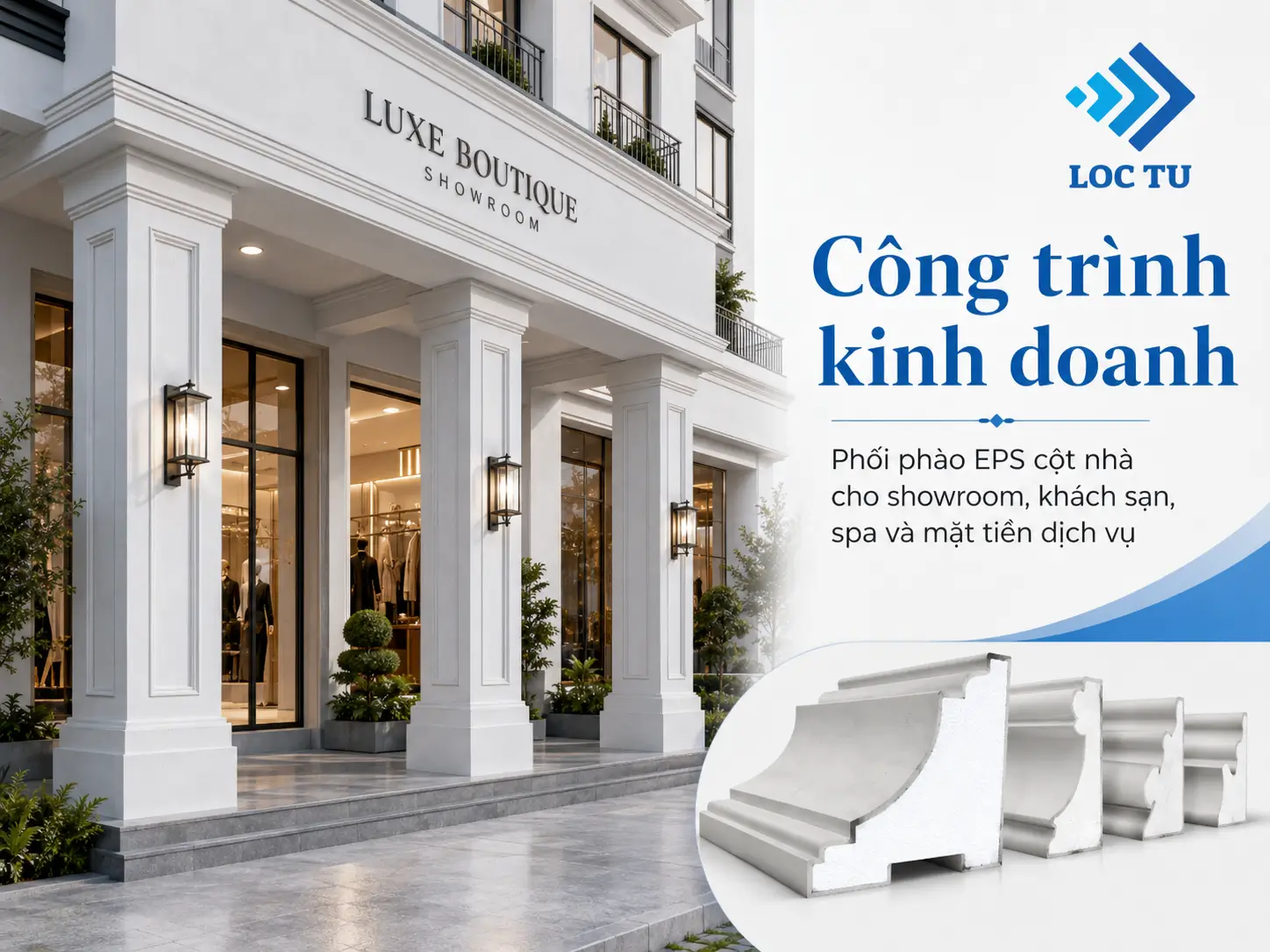 Phào chỉ EPS cột nhà giúp khu vực sảnh công trình kinh doanh trở nên ấn tượng hơn