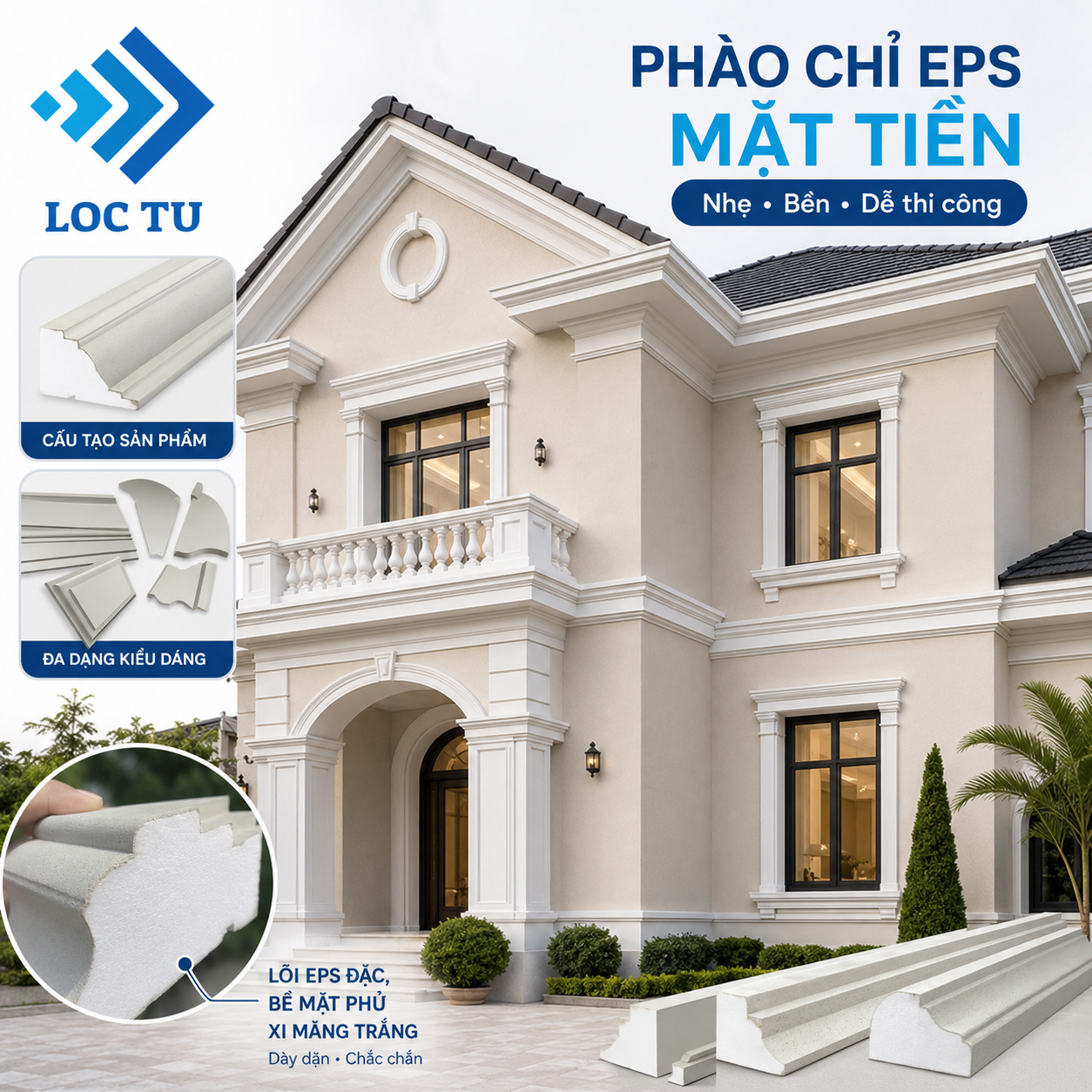 Phào chỉ EPS mặt tiền giúp kiến trúc trở nên ấn tượng hơn.