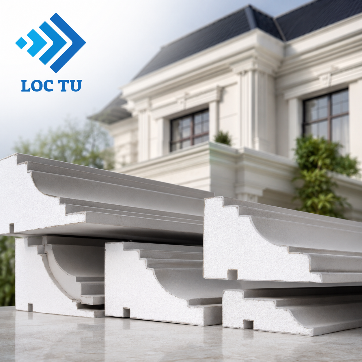 Chi tiết phào chỉ EPS mặt tiền được gia công sắc nét.