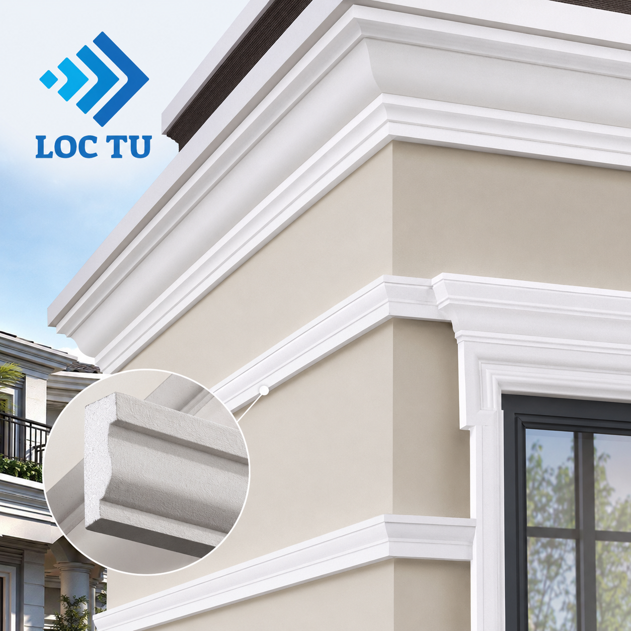 Phào chỉ EPS mặt tiền là lựa chọn phổ biến trong trang trí ngoại thất.