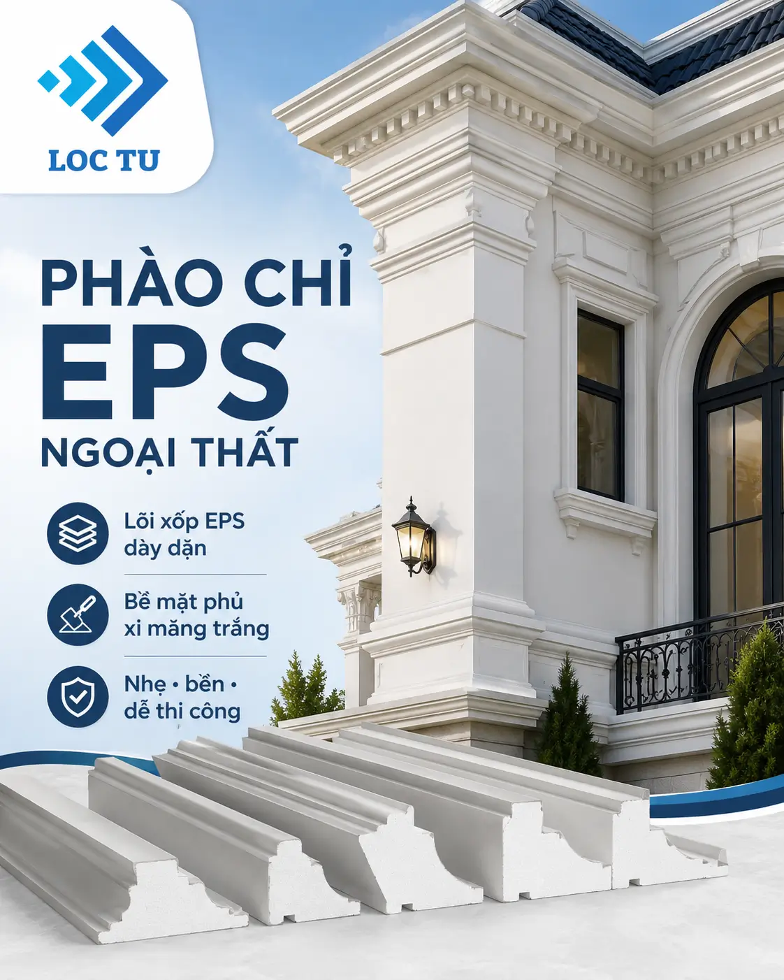 Phào chỉ EPS trang trí ngoại thất giúp công trình sở hữu vẻ đẹp tinh tế, hiện đại và trường tồn theo thời gian