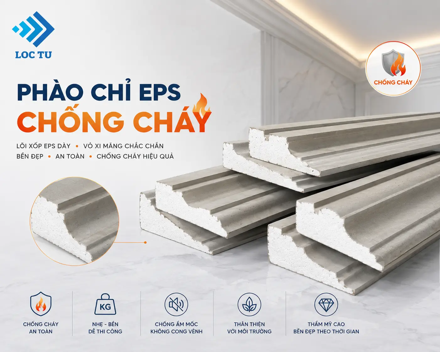 Phào chỉ EPS chống cháy góp phần hoàn thiện không gian với tính thẩm mỹ và giải pháp vật liệu hiện đại.
