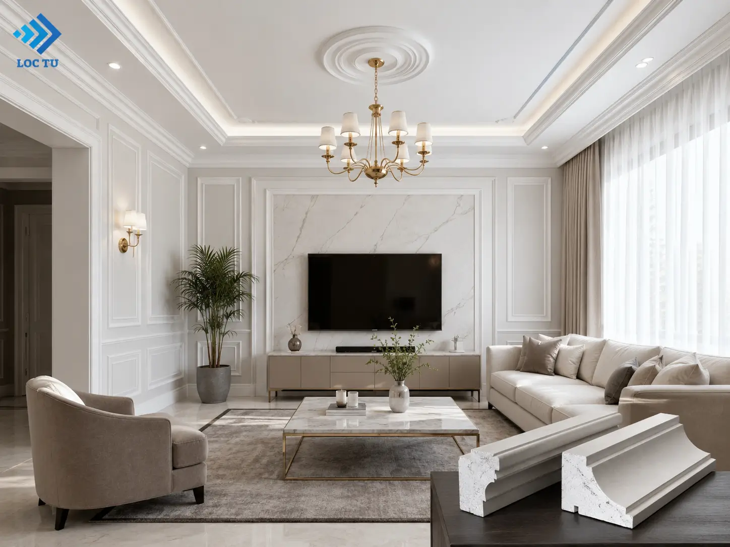 Một phòng khách đẹp không chỉ đến từ nội thất mà còn từ những chi tiết phào chỉ EPS được chăm chút tỉ mỉ