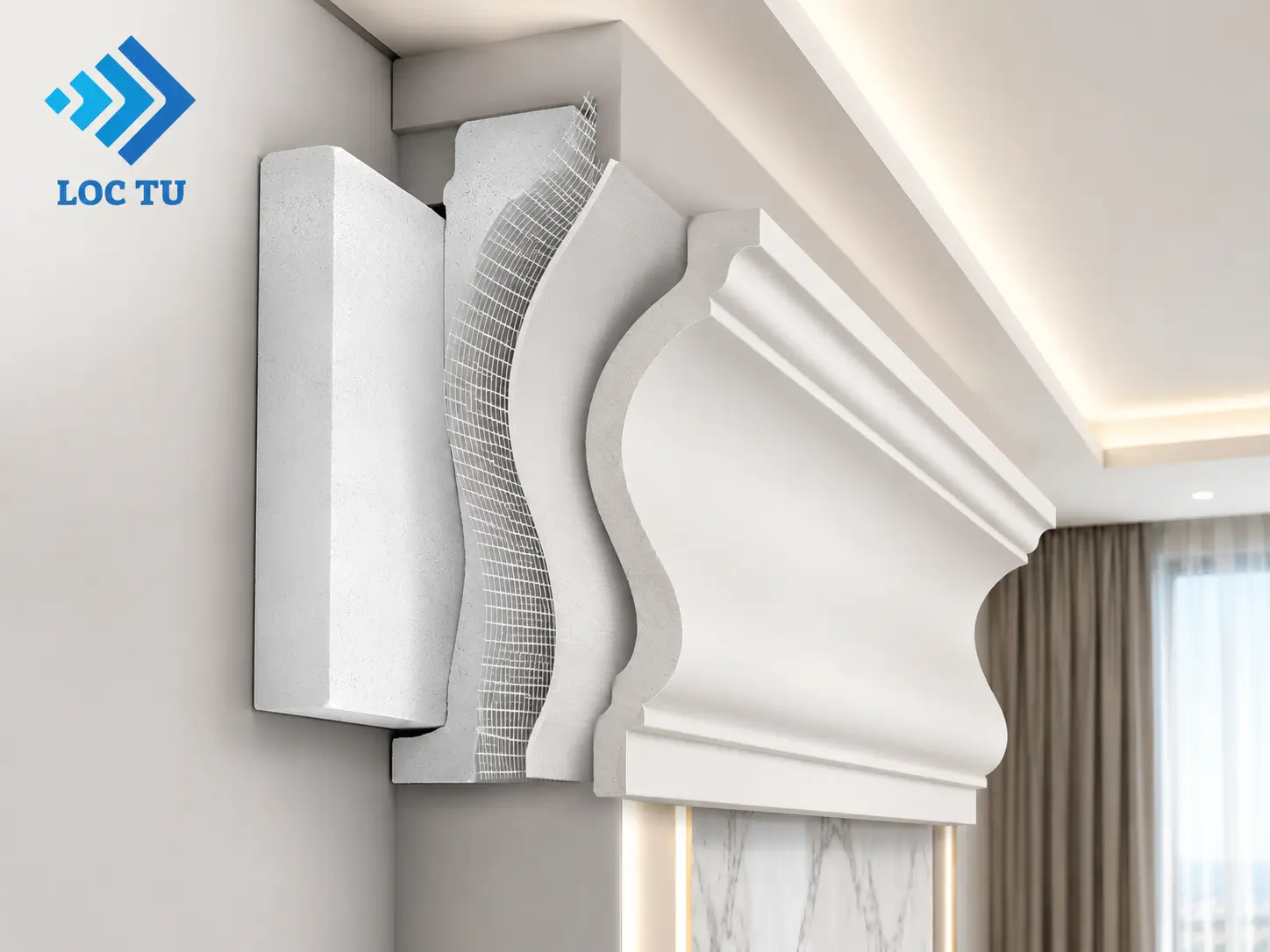 Cấu tạo phào chỉ EPS gồm lõi xốp EPS và lớp phủ chuyên dụng, mang đến giải pháp hoàn thiện vừa bền đẹp vừa tinh tế