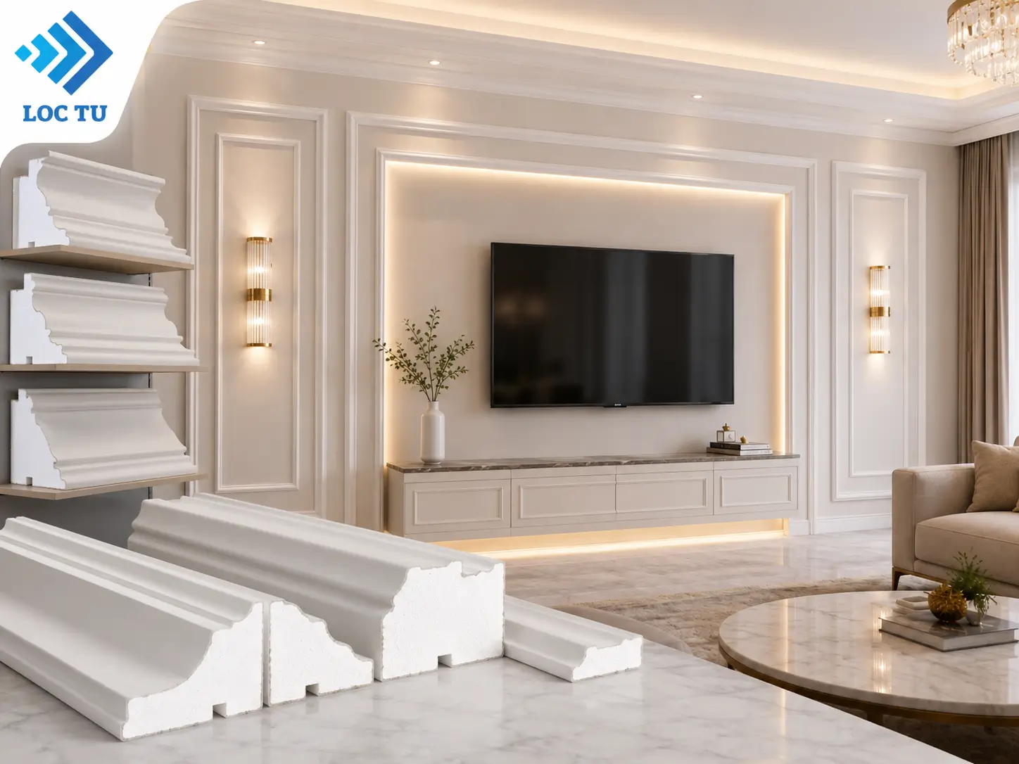 Không cần quá nhiều chi tiết, phào chỉ EPS vách tivi vẫn đủ tạo nên dấu ấn riêng cho không gian