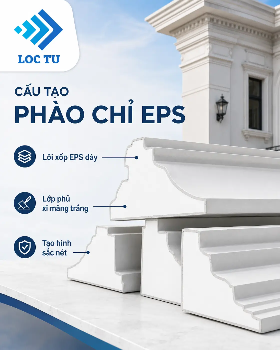 Phào chỉ EPS trang trí ngoại thất là giải pháp được nhiều kiến trúc sư lựa chọn để tạo điểm nhấn mặt tiền