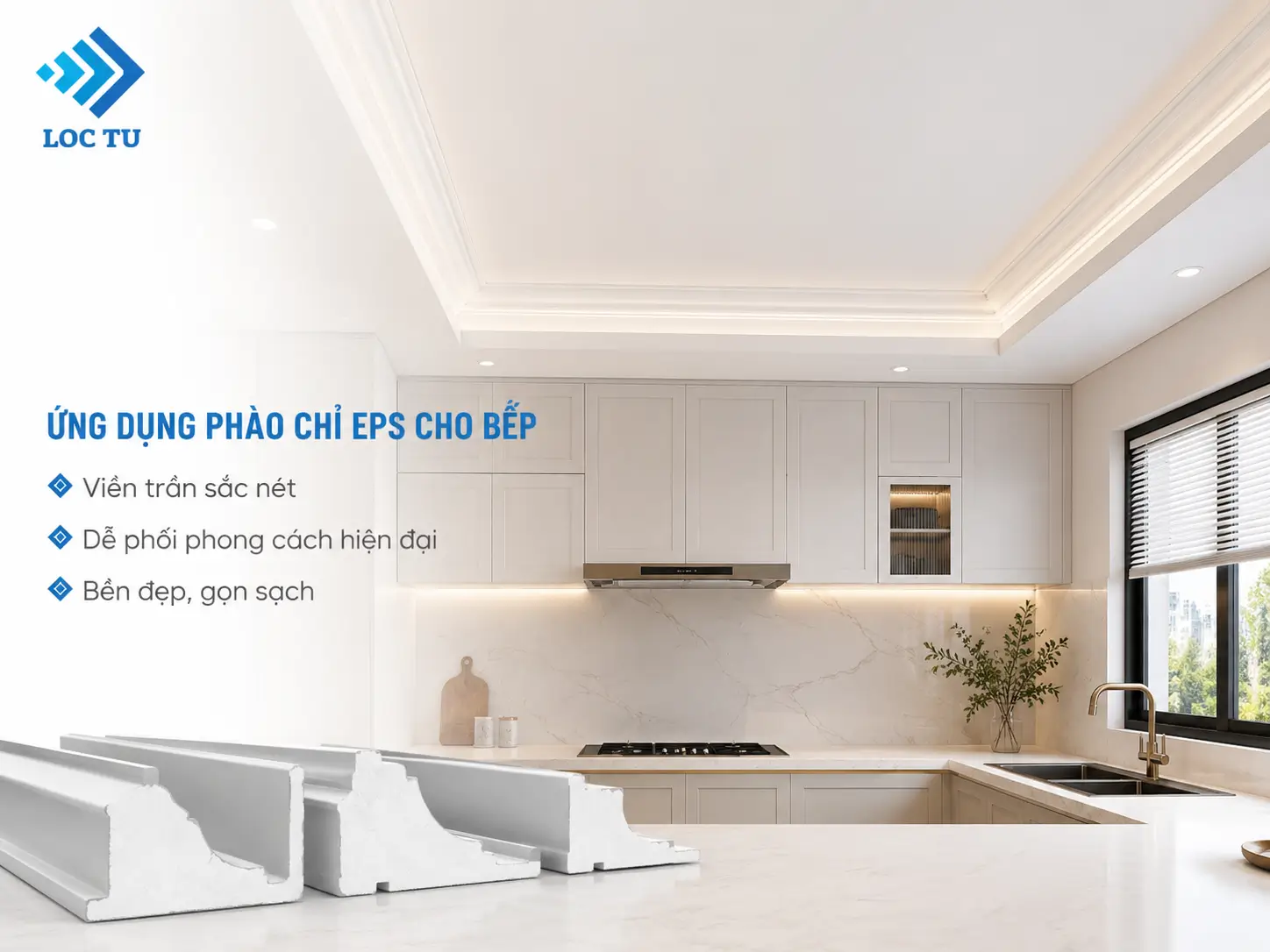Phào chỉ EPS phòng bếp là điểm nhấn nhẹ nhàng, mang đến vẻ đẹp sang trọng cho căn bếp