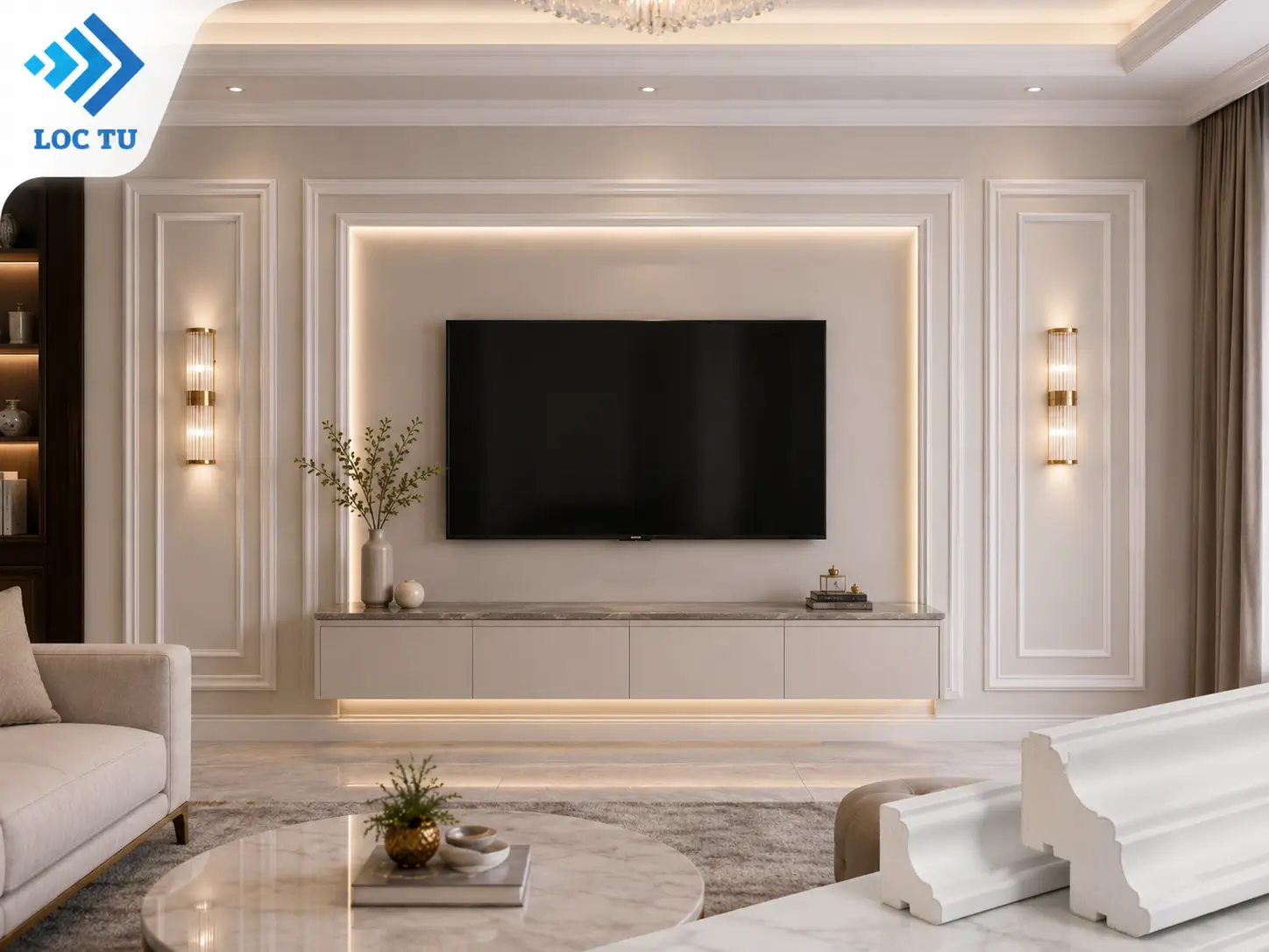 Mỗi chi tiết phào chỉ EPS vách tivi đều góp phần tạo nên một không gian sống sang trọng