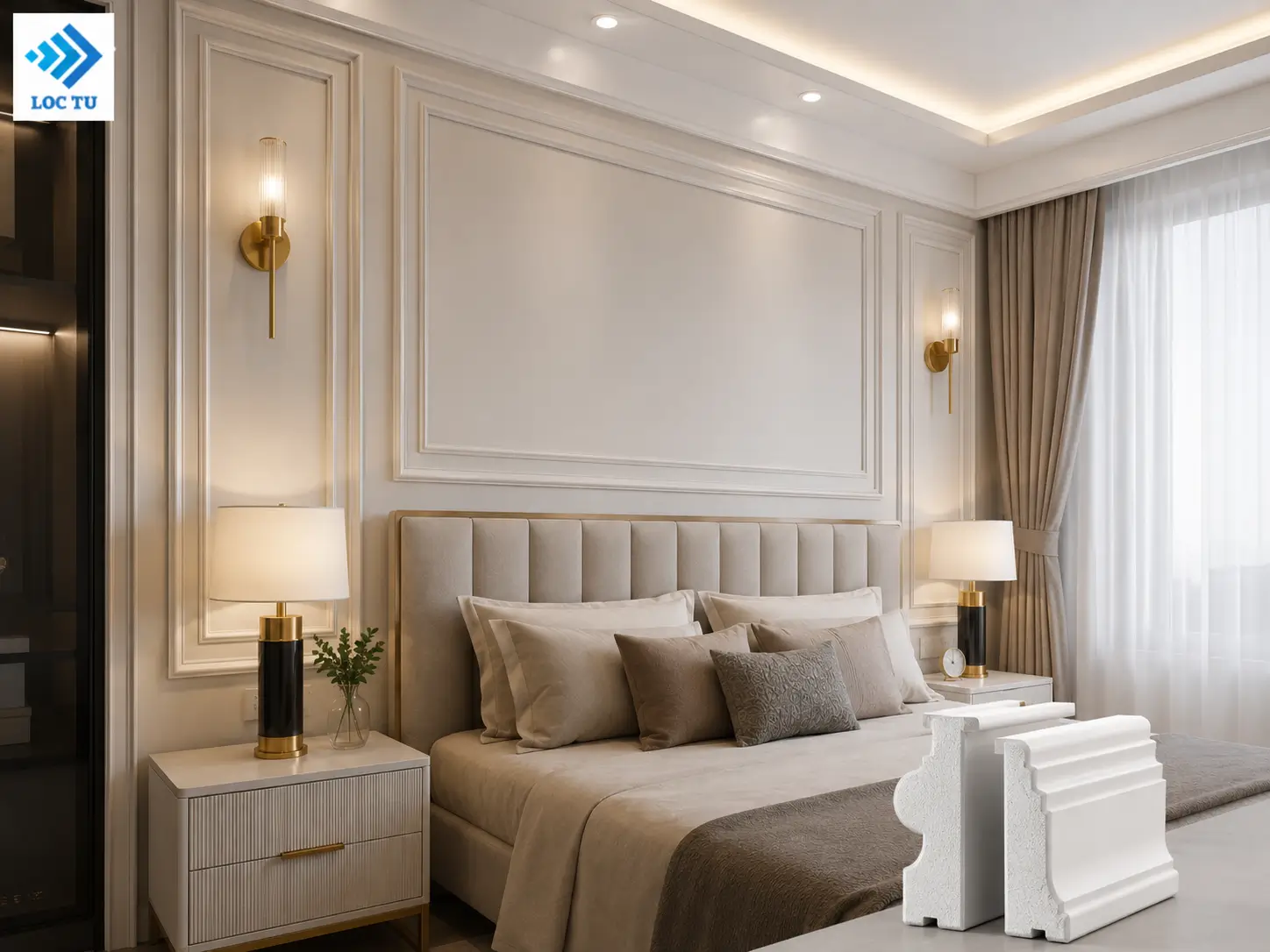 Không gian nghỉ ngơi trở nên cuốn hút hơn với phào chỉ EPS đầu giường được thiết kế hài hòa