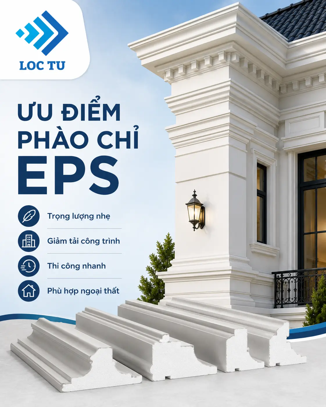 Từng chi tiết phào chỉ EPS trang trí ngoại thất đều góp phần hoàn thiện vẻ đẹp bền vững cho công trình