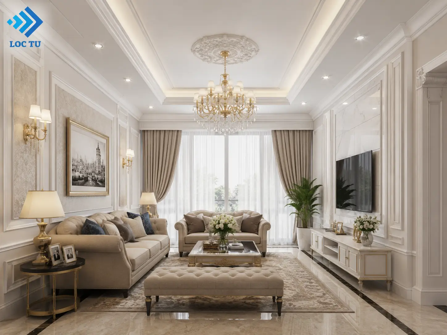 Sự kết hợp giữa phào chỉ EPS phòng khách và hệ đèn trang trí tạo nên không gian đầy cảm xúc