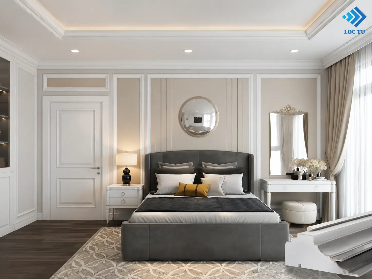 Phào chỉ EPS phòng ngủ tạo chiều sâu cho trần và các mảng tường trong không gian