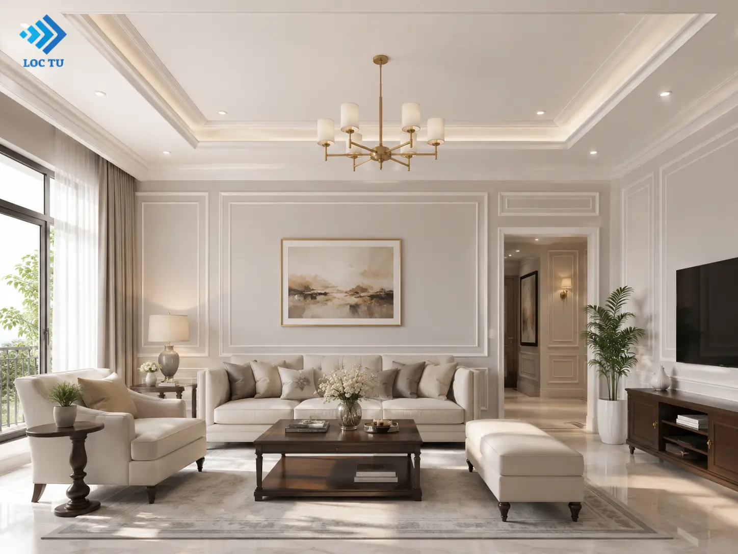 Phào chỉ EPS phòng khách giúp kết nối hài hòa giữa trần, tường và các mảng trang trí nội thất