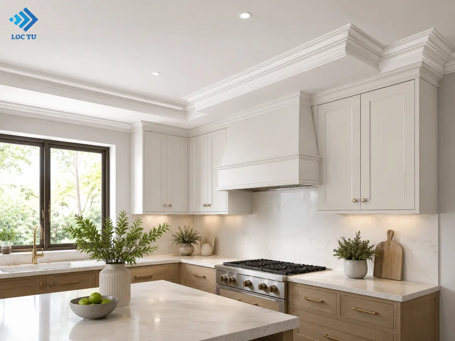 Sự kết hợp hài hòa giữa ánh sáng và phào chỉ EPS phòng bếp tạo nên một không gian đầy cảm hứng