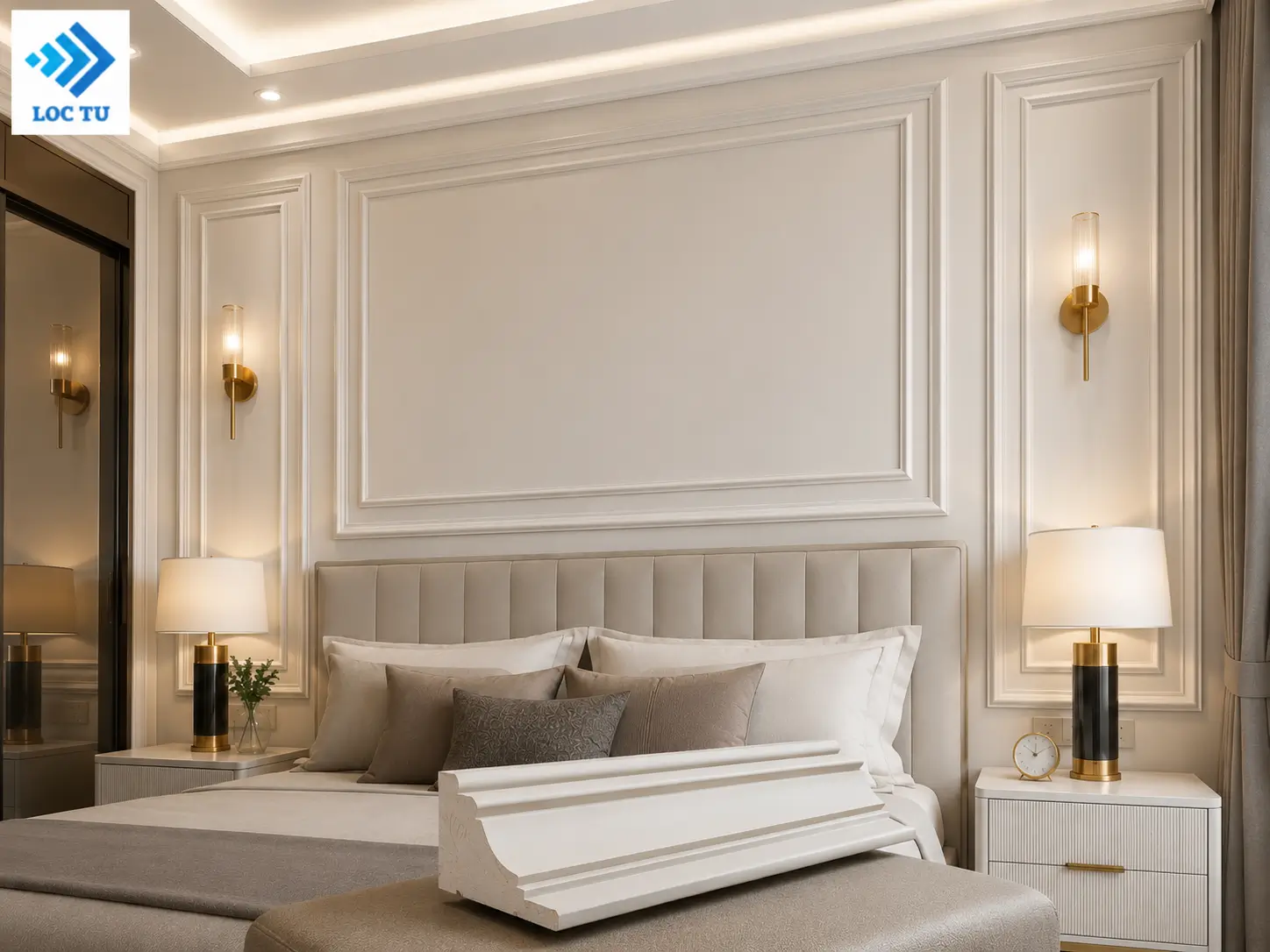 Sự kết hợp giữa phào chỉ EPS đầu giường và ánh sáng trang trí tạo nên một không gian đầy cảm xúc