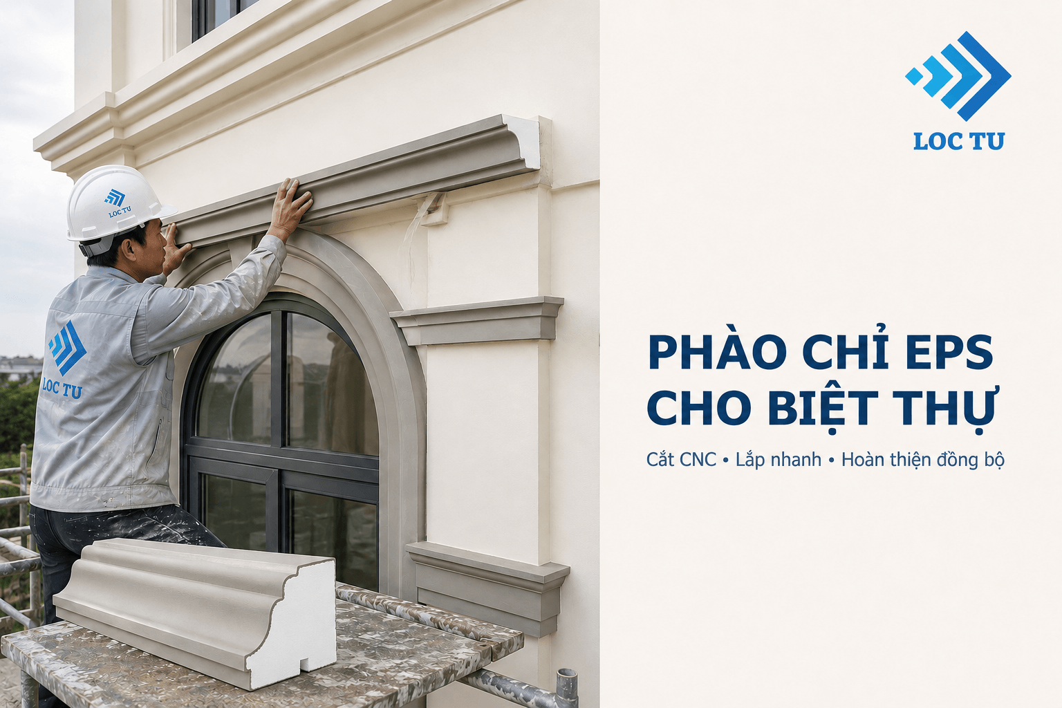 Những đường phào EPS được bố trí hài hòa giúp tôn lên vẻ bề thế của kiến trúc biệt thự